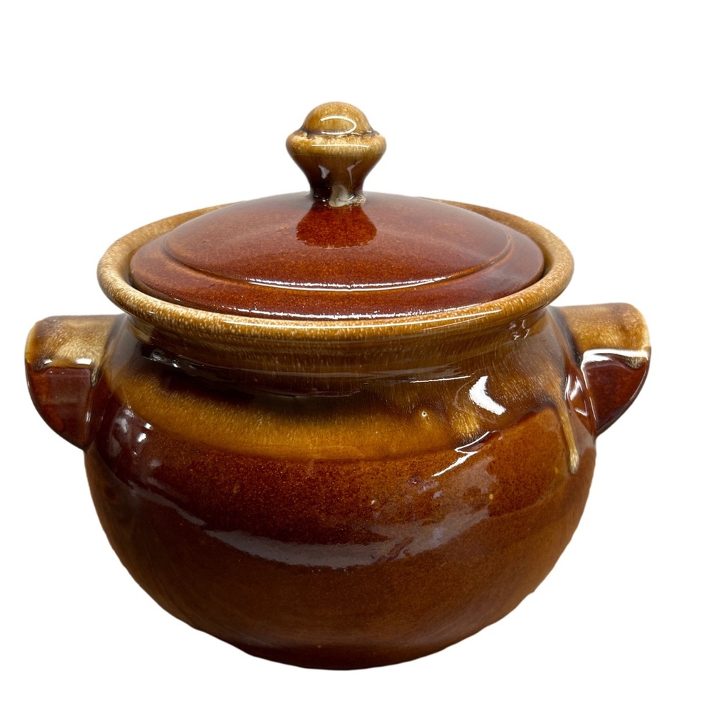 Vintage Ceramic Dripware Glazed Bean Storage Pot With Handles Made In Japan